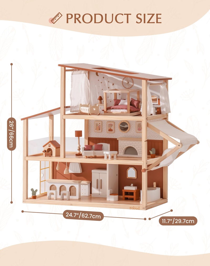ROBUD Doll House - Wooden Bohemian Dollhouse with Realistic Design, Includes 37 Pieces of Furniture & Accessories for Kids Ages 3+ - Image 5