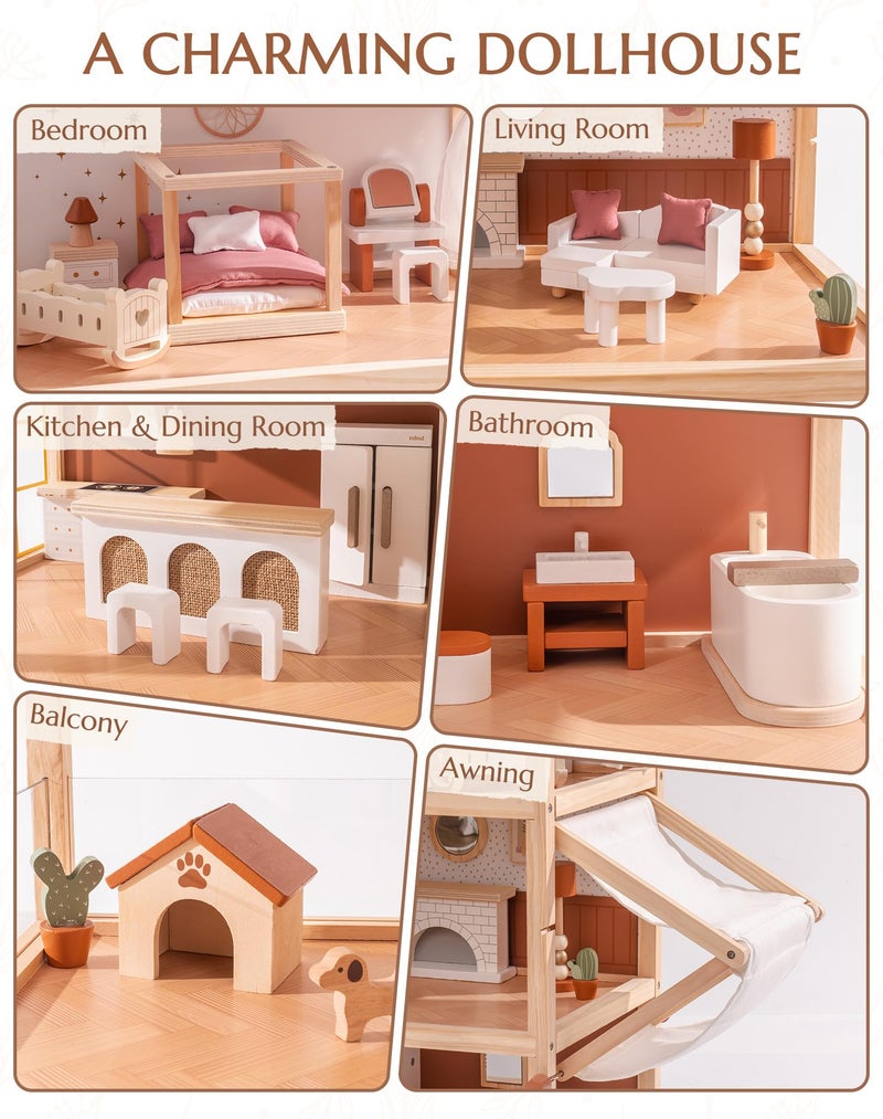 ROBUD Doll House - Wooden Bohemian Dollhouse with Realistic Design, Includes 37 Pieces of Furniture & Accessories for Kids Ages 3+ - Image 2