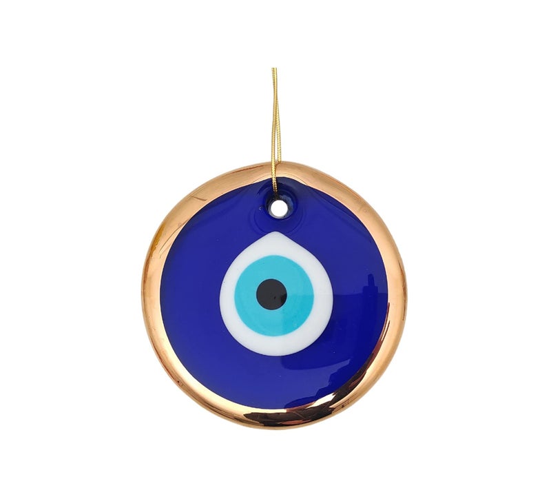 Erbulus 35 Glass Blue Evil Eye Wall Hanging Gold Ornament  Turkish Nazar Bead  Home Protection Charm  Gold Wall Decor Amulet in a Box Medium