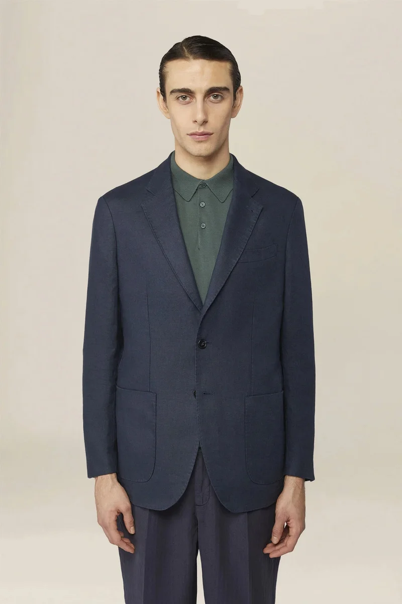 دوبل غانغر Men's unlined jacket, 100% linen, regular fit - DK Blue