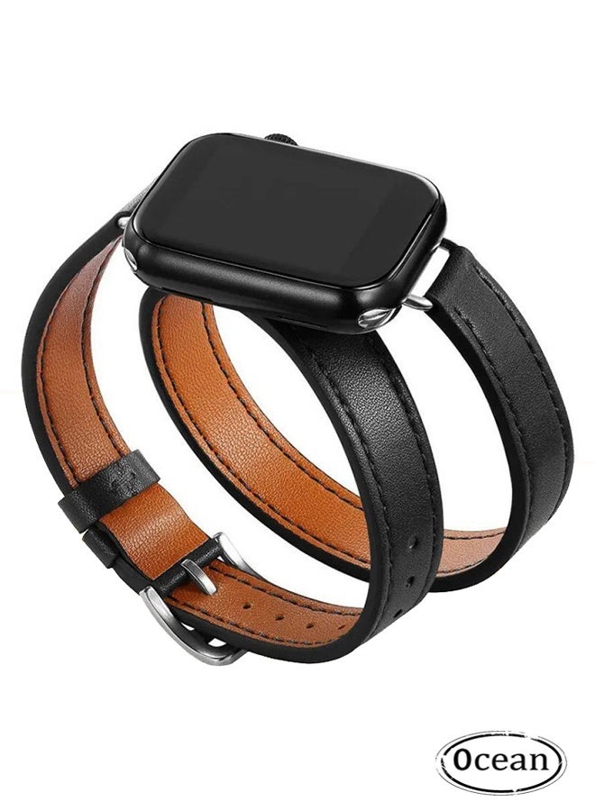 Genuine Leather Double Tour Designed Slim Strap for iWatch Series 10 (42mm), Leather Replacement Band Compatible for iWatch SE Series 9/8/7/6/5/4/3/2/1 (38mm/40mm/41mm/42mm), Black - Image 1