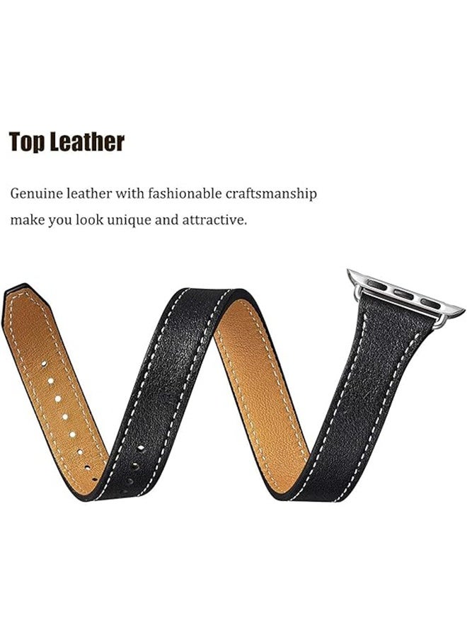 Genuine Leather Double Tour Designed Slim Strap for iWatch Series 10 (42mm), Leather Replacement Band Compatible for iWatch SE Series 9/8/7/6/5/4/3/2/1 (38mm/40mm/41mm/42mm), Black - Image 2
