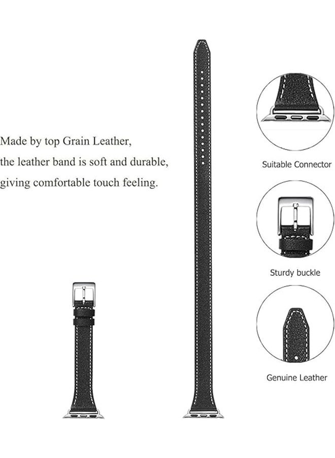 Genuine Leather Double Tour Designed Slim Strap for iWatch Series 10 (42mm), Leather Replacement Band Compatible for iWatch SE Series 9/8/7/6/5/4/3/2/1 (38mm/40mm/41mm/42mm), Black - Image 4