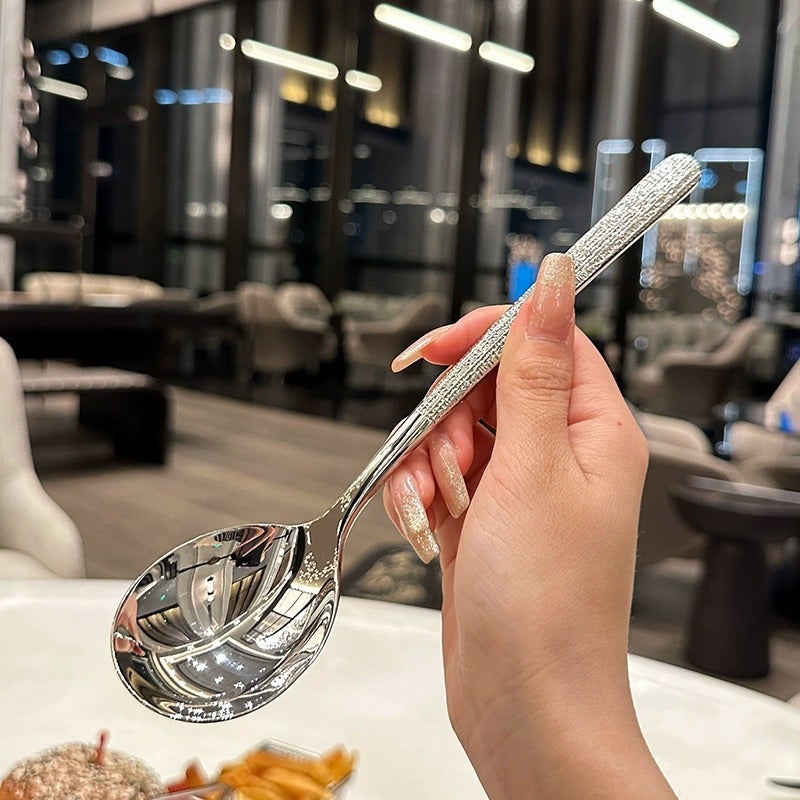 ملعقة من الفولاذ المقاوم للصدأ بنمط المطرقة ملعقة كورية الطراز ملعقة طويلة للمطاعم الغربية ملعقة حلوى ملعقة منزلية ملعقة برأس دائري بنمط المطرقة - Image 2