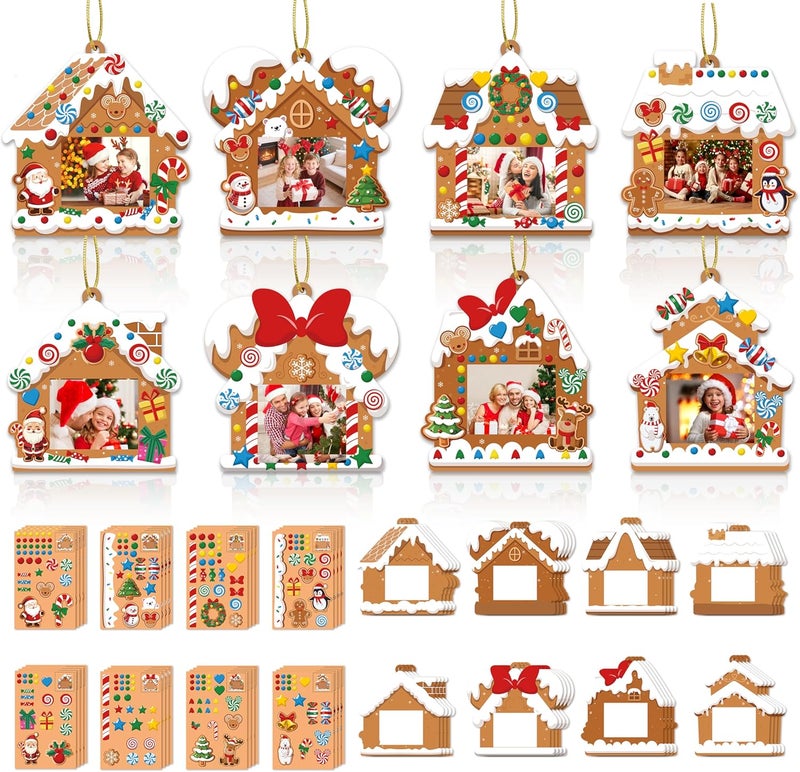 EASUTE 32 Pack Kids Christmas Picture Frame Craft Kits - DIY Gingerbread House Photo Frame Hanging Ornaments for Xmas Tree Holiday Decorations, Classroom Activities & Home Art Projects - Image 1