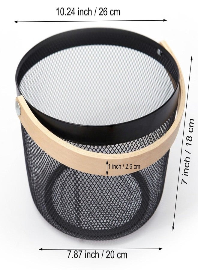 AJIODA Metal Mesh Steel Wire Basket, Round Storage Organizer Basket with Wooden Handle Multi-functional Hanging Kitchen Baskets Fruit Baskets for Kitchen Bathroom Picnic Decor Cabinet Home, Black - Image 3