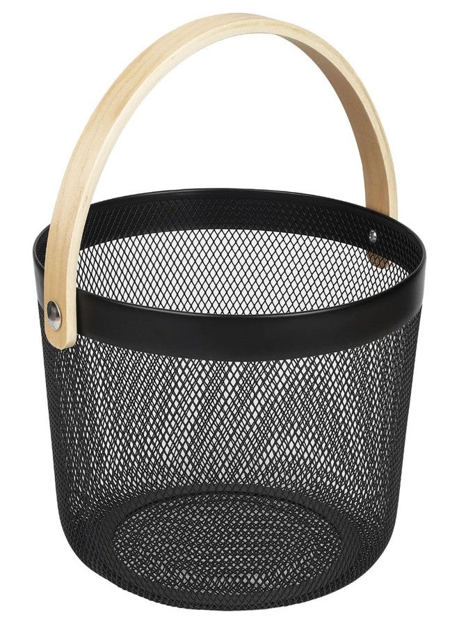 AJIODA Metal Mesh Steel Wire Basket, Round Storage Organizer Basket with Wooden Handle Multi-functional Hanging Kitchen Baskets Fruit Baskets for Kitchen Bathroom Picnic Decor Cabinet Home, Black - Image 1