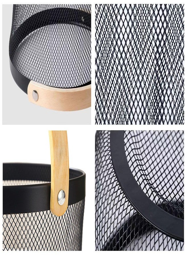 AJIODA Metal Mesh Steel Wire Basket, Round Storage Organizer Basket with Wooden Handle Multi-functional Hanging Kitchen Baskets Fruit Baskets for Kitchen Bathroom Picnic Decor Cabinet Home, Black - Image 4