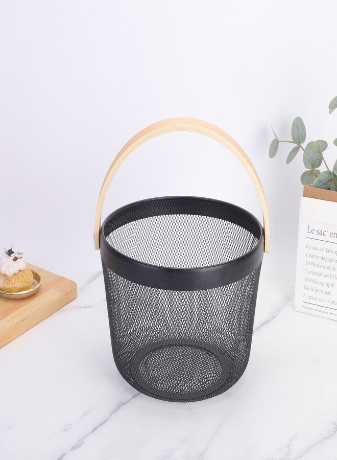 AJIODA Metal Mesh Steel Wire Basket, Round Storage Organizer Basket with Wooden Handle Multi-functional Hanging Kitchen Baskets Fruit Baskets for Kitchen Bathroom Picnic Decor Cabinet Home, Black - Image 2