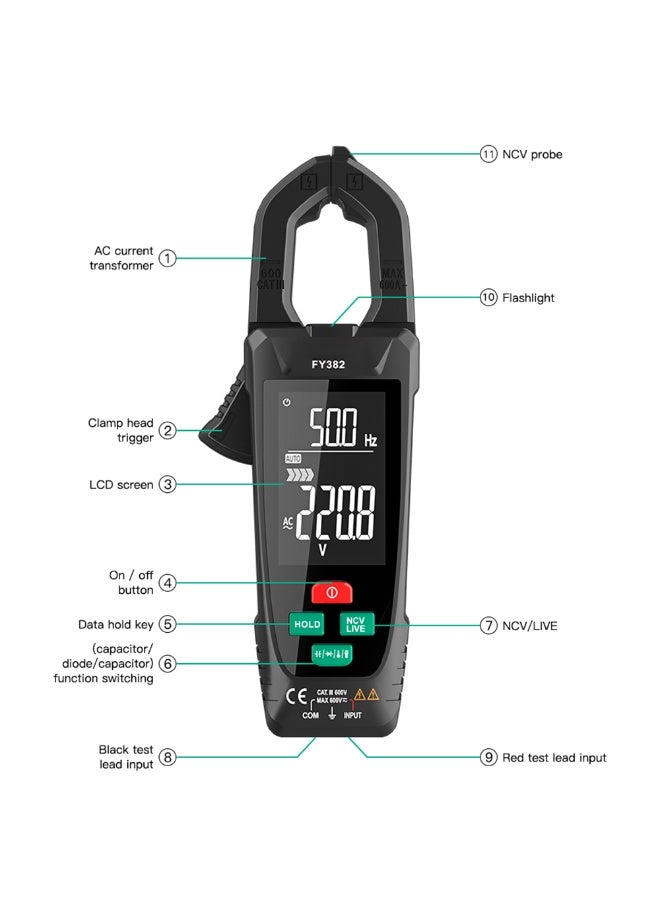 FY382 Smart Clamp Meter True RMS 9999 Counts Digital Multimeter Temperature Tester LCD Screen AC DC Voltage AC Current Detector with LED Flashlight Multifunction Voltage Meter Capacitance - Image 2