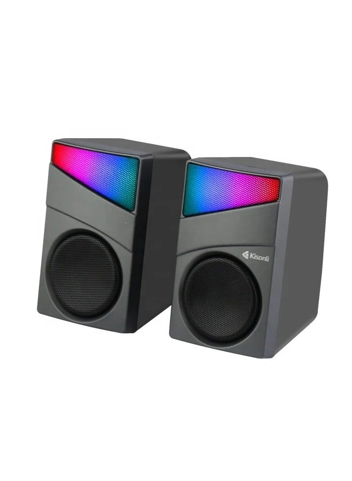 كيسونلي مكبر صوت Kisonli X35 USB ستيريو صغير محمول – 3W × 2 مع إضاءة LED RGB ومشغل موسيقى مثالي للألعاب والهاتف والاستخدام الخارجي - Image 1