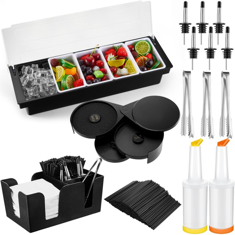 Mifoci أدوات بار ميفوسي مع صينية تزيين بغطاء حاملة بار 3 طبقات مع 12 موزع زجاجات ستانلس ستيل و 2 زجاجات عصير بلاستيكية و 1000 قشة كوكتيل و 3 ملقط تقديم و 5 حجرات