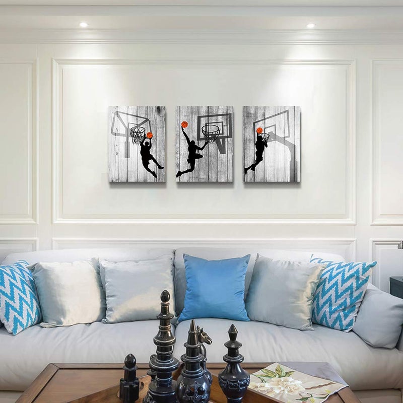 TTHYUEWS Black and white Canvas Wall Art for living room bathroom and bedroom kitchen wall decor artwork Canvas Prints play basketball sport painting 12" x 16"3 Piece Modern framed office Home decorations - Image 2