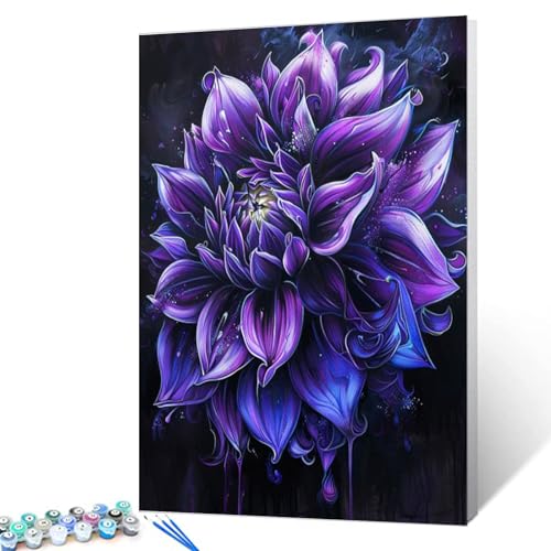 Tucocoo Dark Purple Dahlia Flowers Paint by Number Black Background Painting DIY Painting on Canvas with Brushes Acrylic Paints Gothic Paint by Numbers for Adults and Kids Beginner 16x20 Inchwithout Frame - Image 1