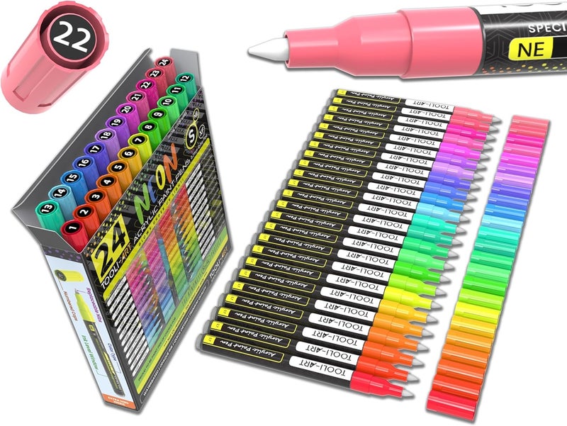 TOOLI-ART 24 Neon Fluorescent Acrylic Paint Pens Special Color Series Markers Set 0.7mm Extra Fine Tip, Rock Painting, Glass, Mugs, Wood, Metal, Canvas DIY Projects Detailing Non Toxic, Waterbased Quick Drying - Image 1