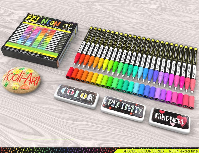 TOOLI-ART 24 Neon Fluorescent Acrylic Paint Pens Special Color Series Markers Set 0.7mm Extra Fine Tip, Rock Painting, Glass, Mugs, Wood, Metal, Canvas DIY Projects Detailing Non Toxic, Waterbased Quick Drying - Image 2