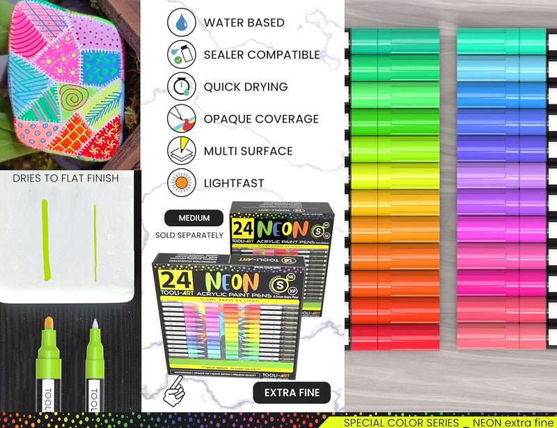 TOOLI-ART 24 Neon Fluorescent Acrylic Paint Pens Special Color Series Markers Set 0.7mm Extra Fine Tip, Rock Painting, Glass, Mugs, Wood, Metal, Canvas DIY Projects Detailing Non Toxic, Waterbased Quick Drying - Image 3