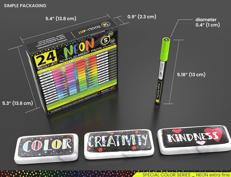 TOOLI-ART 24 Neon Fluorescent Acrylic Paint Pens Special Color Series Markers Set 0.7mm Extra Fine Tip, Rock Painting, Glass, Mugs, Wood, Metal, Canvas DIY Projects Detailing Non Toxic, Waterbased Quick Drying - Image 4