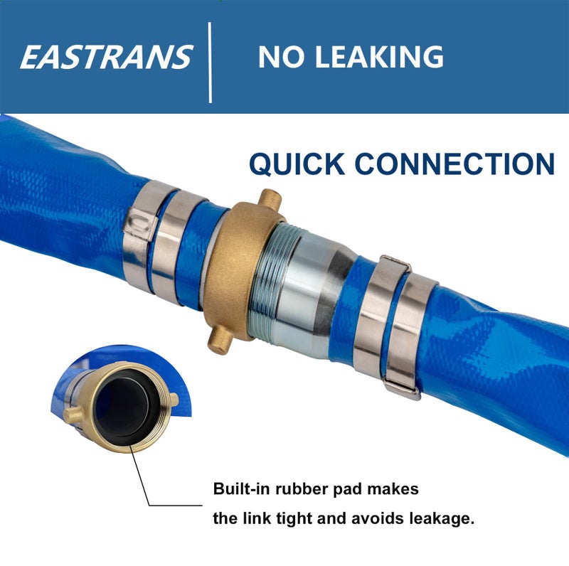 Eastrans 1.5" x 50' Heavy Duty Discharge Hose with NPT Pin Lug and Nipple Fittings, Reinforced BLue PVC Pool Backwash Hose, Connect To Pump and Pipe Threaded Outlet - Image 4