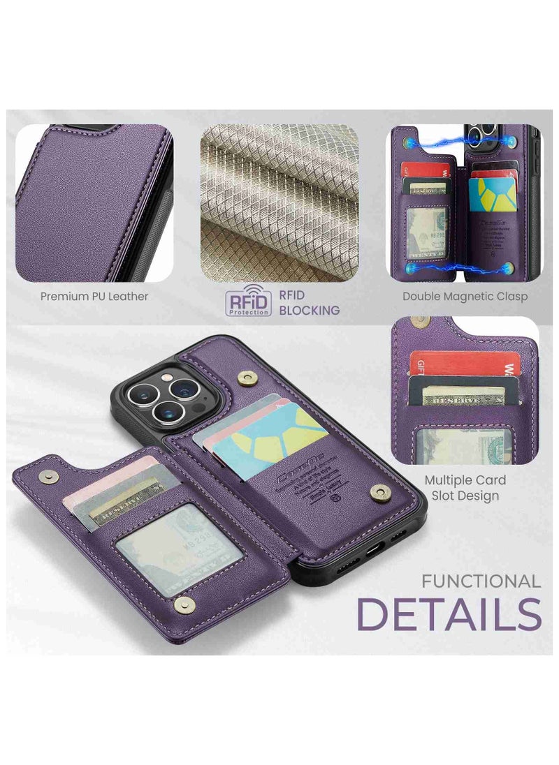 CaseMe Wallet Case for iPhone 15 Pro Max, Premium Handmade Durable PU Leather Slim Shockproof Case with [Double Magnetic Clasp] [Card Holder] [Kickstand] [RFID Blocking] (Purple)  - Image 4