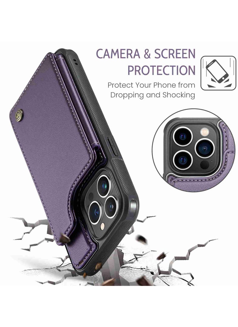 CaseMe Wallet Case for iPhone 15 Pro Max, Premium Handmade Durable PU Leather Slim Shockproof Case with [Double Magnetic Clasp] [Card Holder] [Kickstand] [RFID Blocking] (Purple)  - Image 5
