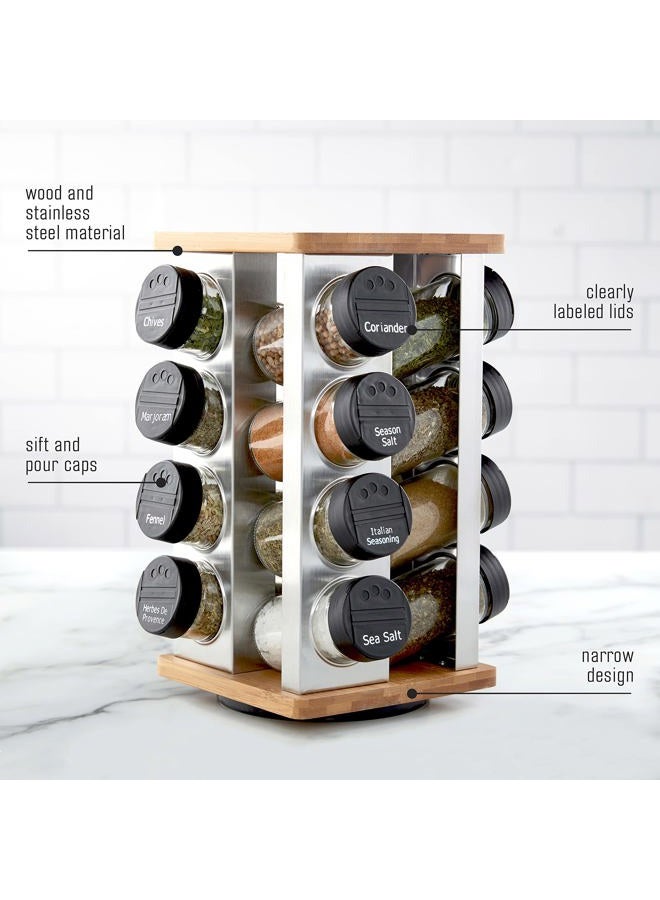 Kamenstein 16 Jar Warner Revolving Countertop Spice Rack Organizer with Lift & Pour Caps and Spices Included, FREE Spice Refills for 5 years, Stainless Steel & Bamboo with Black Caps - Image 4
