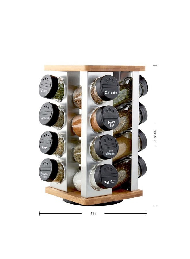 Kamenstein 16 Jar Warner Revolving Countertop Spice Rack Organizer with Lift & Pour Caps and Spices Included, FREE Spice Refills for 5 years, Stainless Steel & Bamboo with Black Caps - Image 2