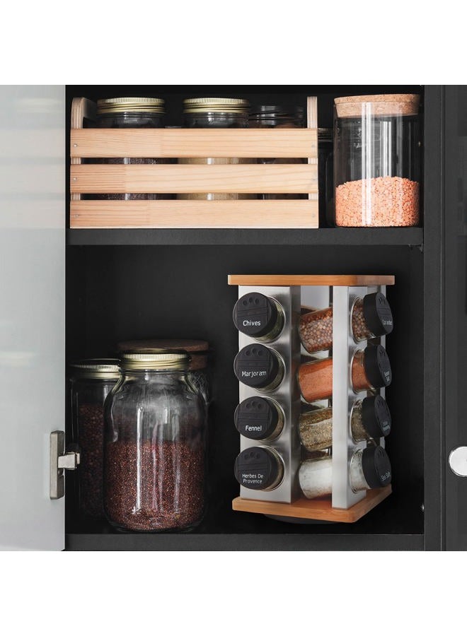 Kamenstein 16 Jar Warner Revolving Countertop Spice Rack Organizer with Lift & Pour Caps and Spices Included, FREE Spice Refills for 5 years, Stainless Steel & Bamboo with Black Caps - Image 5
