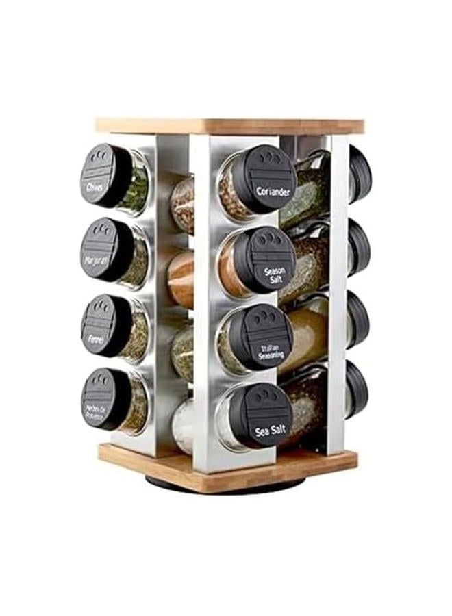 Kamenstein 16 Jar Warner Revolving Countertop Spice Rack Organizer with Lift & Pour Caps and Spices Included, FREE Spice Refills for 5 years, Stainless Steel & Bamboo with Black Caps - Image 1