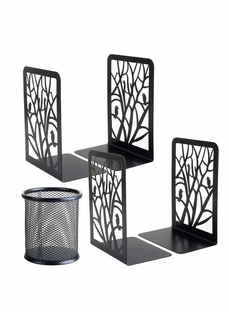 Excefore Decorative Bookends, 2 Pair Metal 1 Free Pen Holder–Heavy Bookends for Shelves w/ Exquisite and Vivid Design, Excellent Low-Profile Addition to Any Decor - Image 1