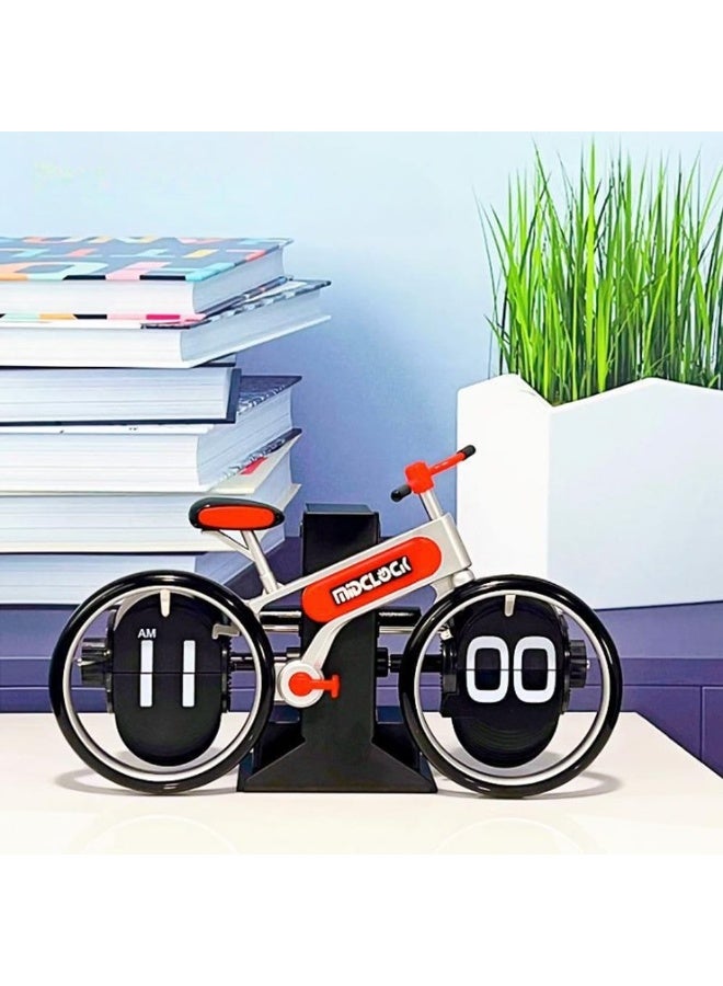 ساعة مكتب ميكانيكية عتيقة بتصميم دراجة ريترو فليب فريدة للمنزل والمكتب ساعة طاولة فليب أنيقة بتصميم ريترو، حمراء - Image 1