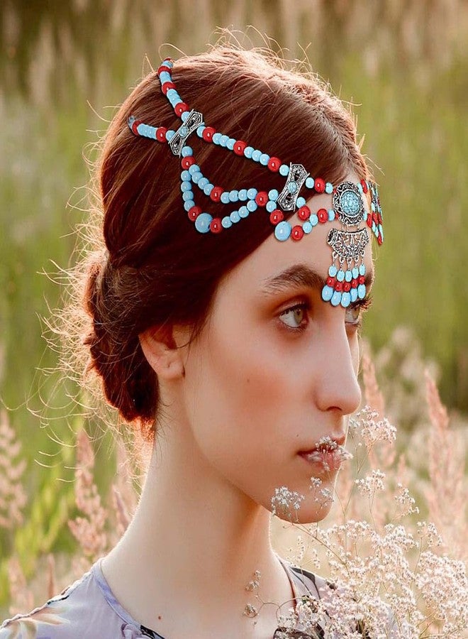 اوريو سلسلة رأس أوريو بوهو باللون الفيروزي، سلسلة جبين مزينة بالخرز الأزرق، إكسسوارات شعر غجرية للنساء - Image 5