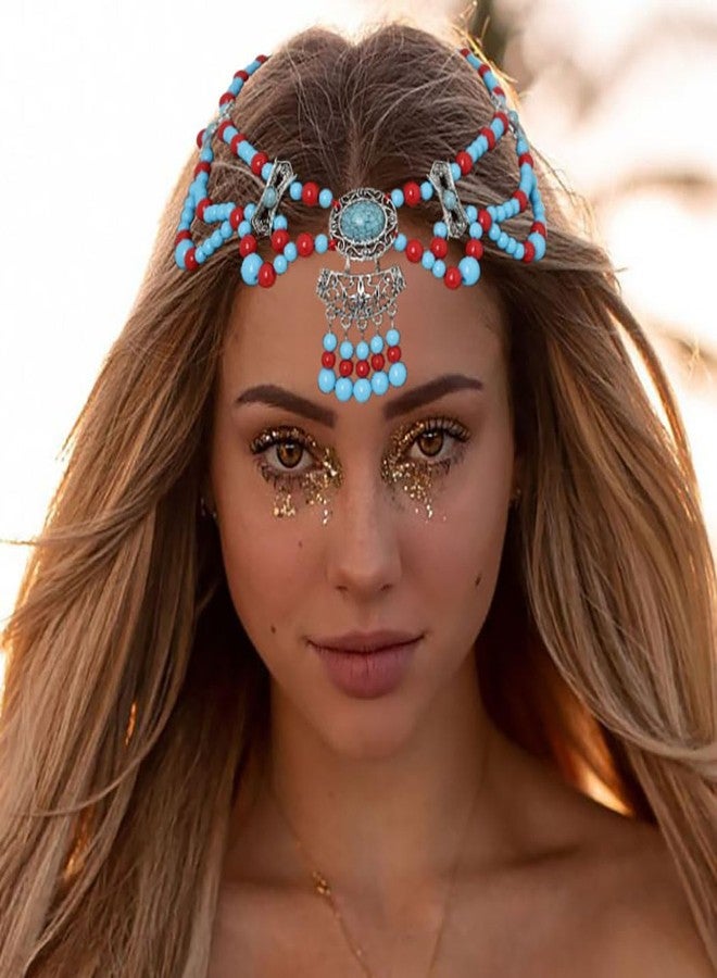 اوريو سلسلة رأس أوريو بوهو باللون الفيروزي، سلسلة جبين مزينة بالخرز الأزرق، إكسسوارات شعر غجرية للنساء - Image 1