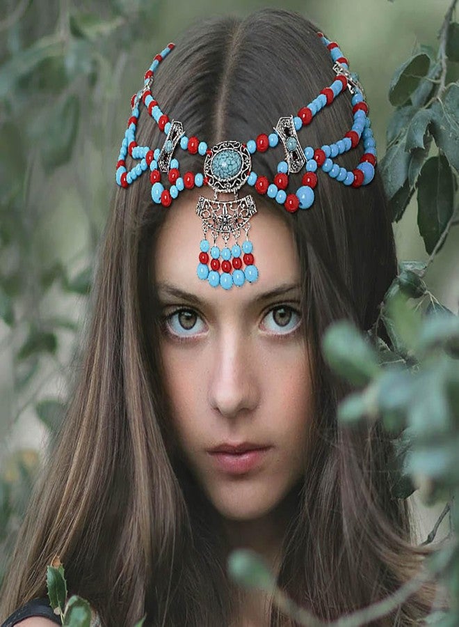 اوريو سلسلة رأس أوريو بوهو باللون الفيروزي، سلسلة جبين مزينة بالخرز الأزرق، إكسسوارات شعر غجرية للنساء - Image 3
