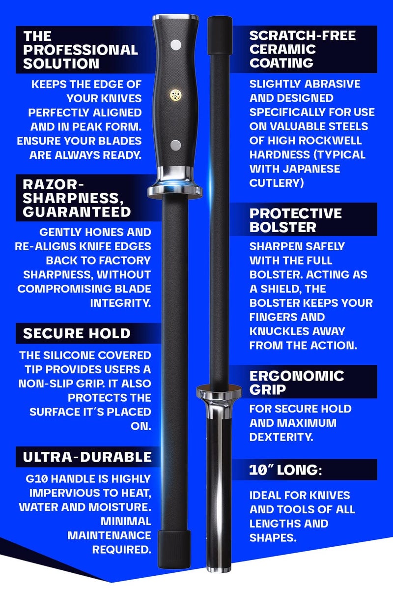 DALSTRONG Honing Rod - 10 inch - G10 Handle - Stainless Steel Core - Scratch-Free Ceramic Coating - Kitchen Knife Sharpener Chef Knife Polish - Professional Honing Steel - Sharpening Rod - Image 4
