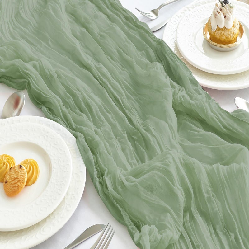 IVAPUPU 2 Pcs Cheesecloth Table Runner  10ft Sage Green Boho Gauze Cheese Cloth Table Runners for Baby Shower Decoration Wedding Party Summer Garden Farmhouse