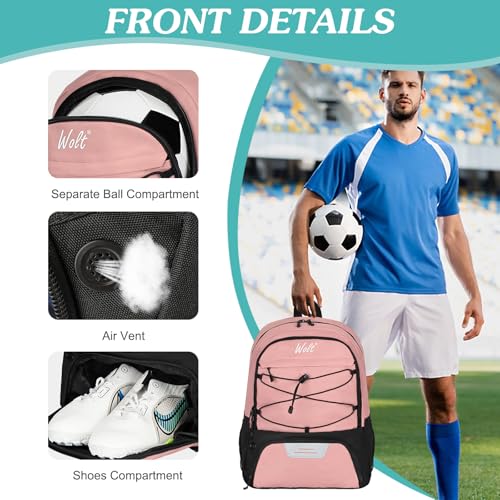 WOLT | Youth Soccer Bag, Soccer Backpack, Basketball Backpack with Cleat Shoe and Ball Compartments Sports Backpack for Volleyball Football for Men Women (Light Pink) - Image 3