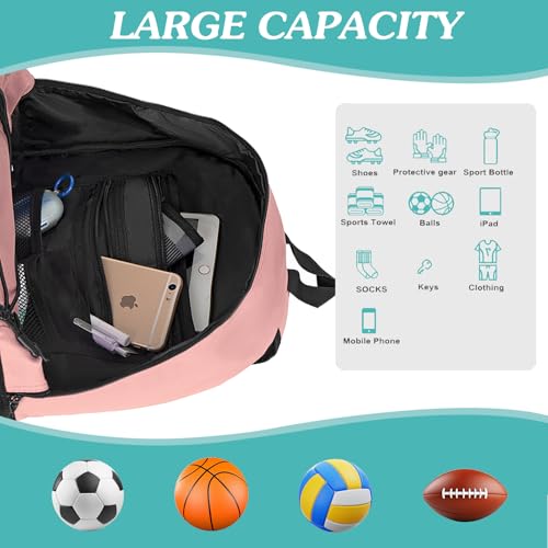 WOLT | Youth Soccer Bag, Soccer Backpack, Basketball Backpack with Cleat Shoe and Ball Compartments Sports Backpack for Volleyball Football for Men Women (Light Pink) - Image 4