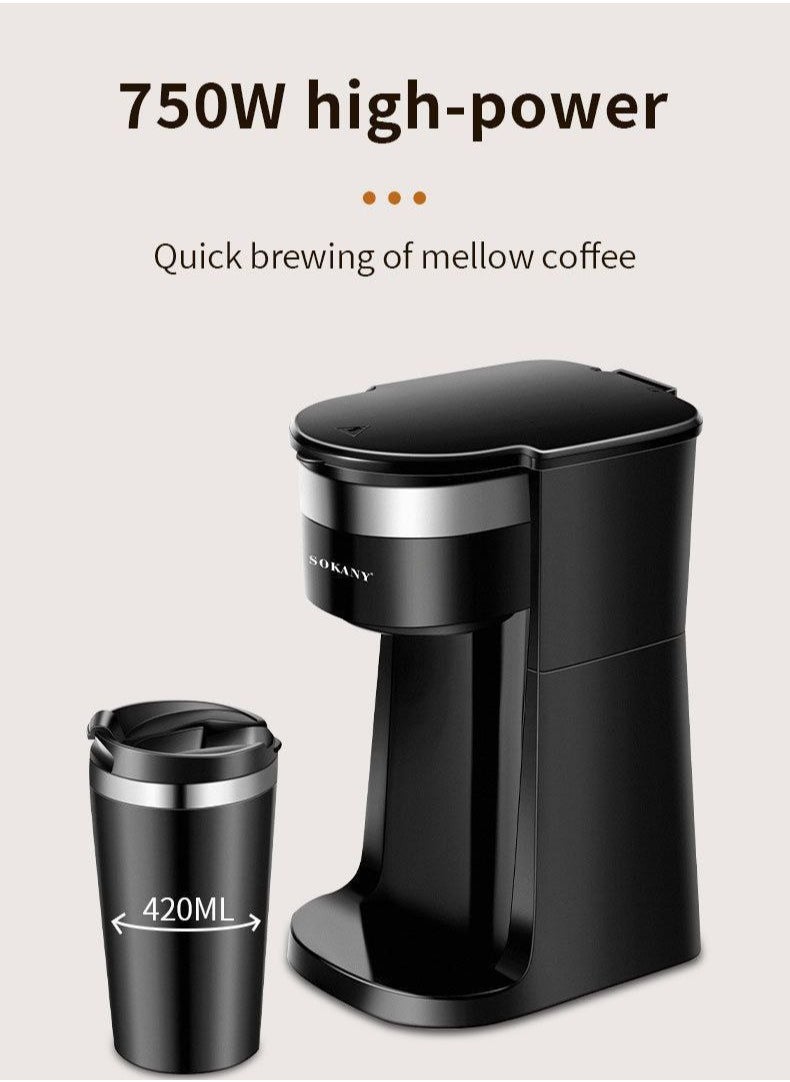 Generic - Coffee machine  American coffee single cup  American coffee machine  750 watts  420 ml capacity  375 ml travel cup  (plastic outside, SS inside) - Image 1