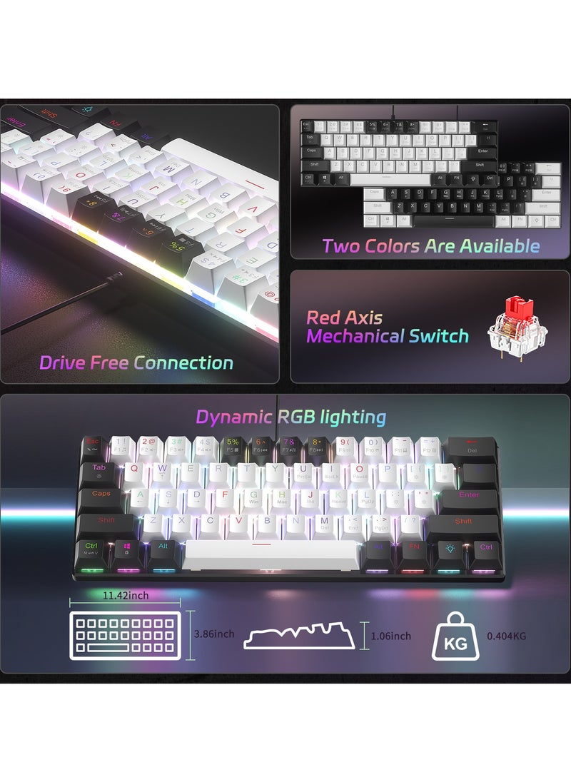 UCHUANG - 61-Key English Mechanical Keyboard, Red Switch RGB Light,Hot-Swappable Compact Mini Wired Keyboard for PC, Mac E-sports Portable Gaming Keyboard - White/Black - Image 1