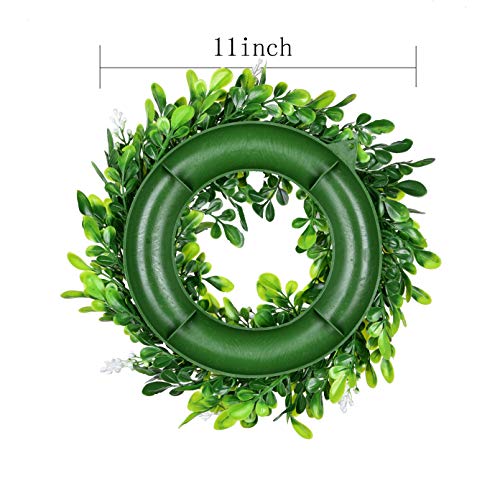 GRBAMBI Artificial Green Leaves Wreath - 11 inch Artificial Boxwood Wreaths with White Flower for Window Wall Wedding Decor,1Pack - Image 3