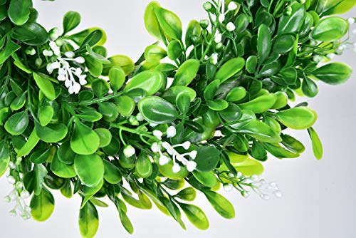 GRBAMBI Artificial Green Leaves Wreath - 11 inch Artificial Boxwood Wreaths with White Flower for Window Wall Wedding Decor,1Pack - Image 2