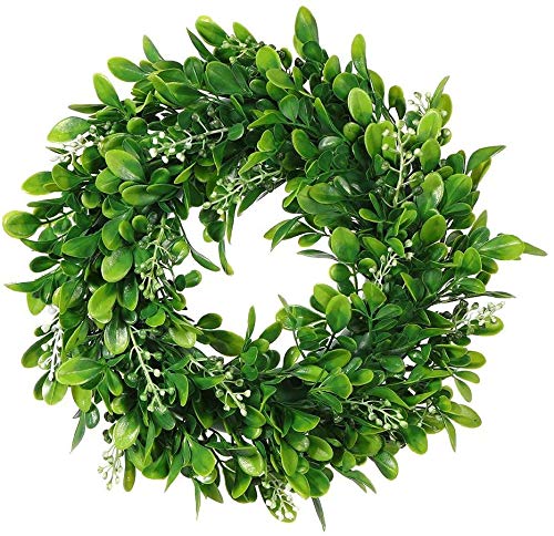 GRBAMBI Artificial Green Leaves Wreath - 11 inch Artificial Boxwood Wreaths with White Flower for Window Wall Wedding Decor,1Pack - Image 1