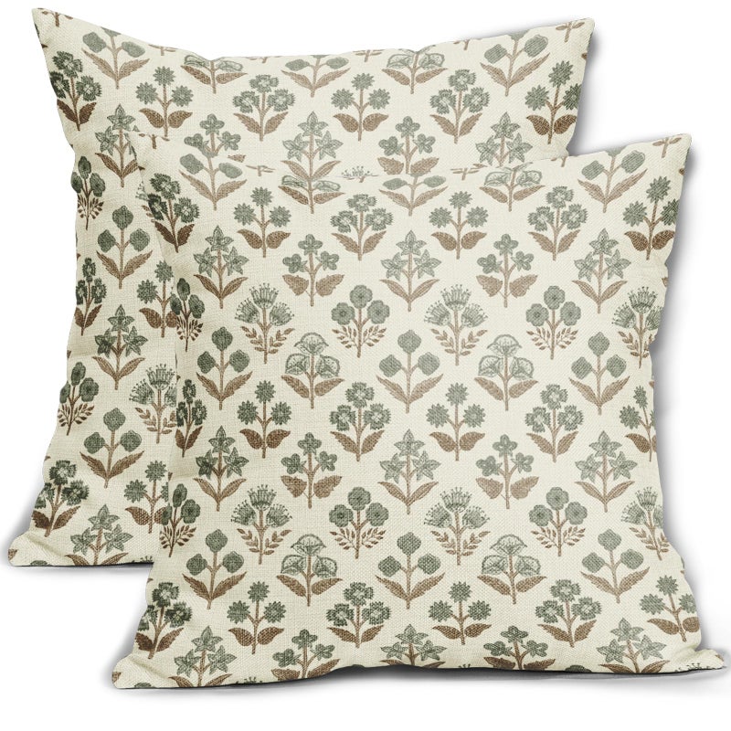 Sivirary Brown Green Floral Block Print Pillow Covers 16x16 Inch Set of 2, Vintage Flower Pattern Decorative Throw Pillowcases Outdoor Farmhouse Cushion Covers Spring Summer Rustic Sofa Couch Bed Decor - Image 1