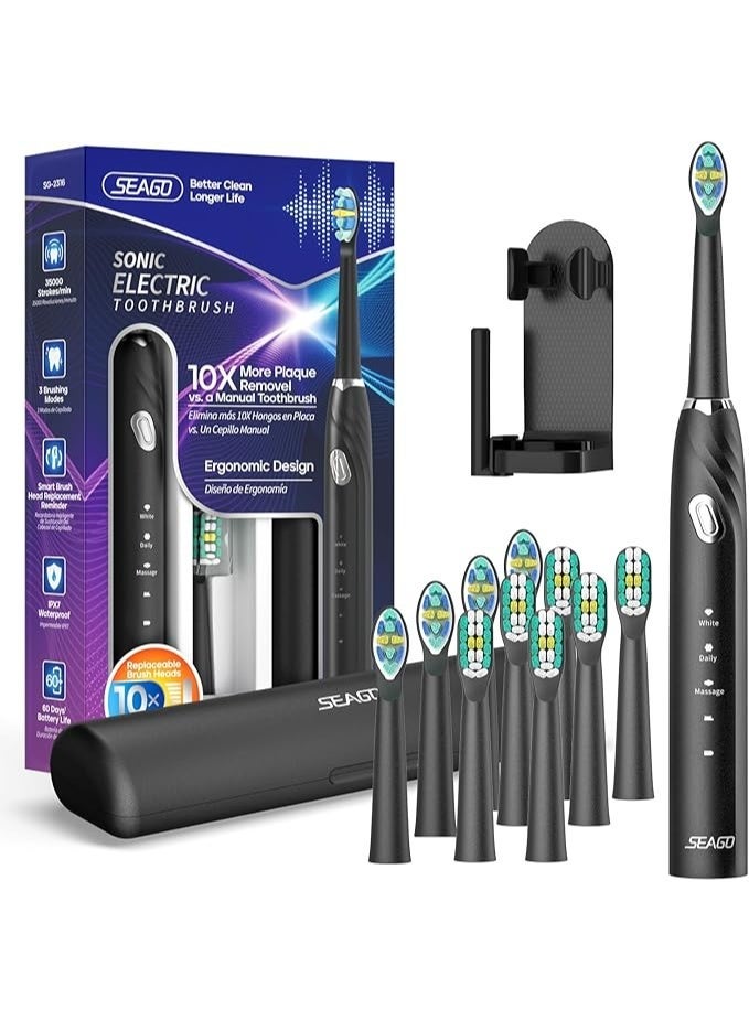 SEAGO Electric Toothbrush with 10 Brush Heads,Travel with Travel Case and Holder,Smart Timer for Adults,SG-2316(Black) - Image 1