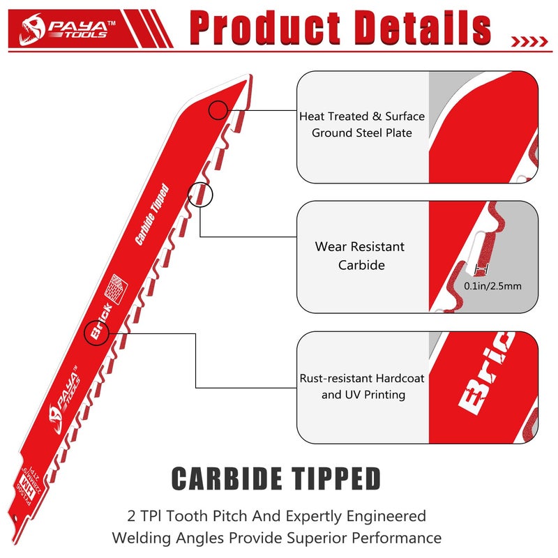 Paya Tools 9-Inch Masonry Reciprocating Saw Blade  2Tpi Carbide Blades For Cutting Aerated Concrete And Hollow Brick (3-Pack) - Image 3