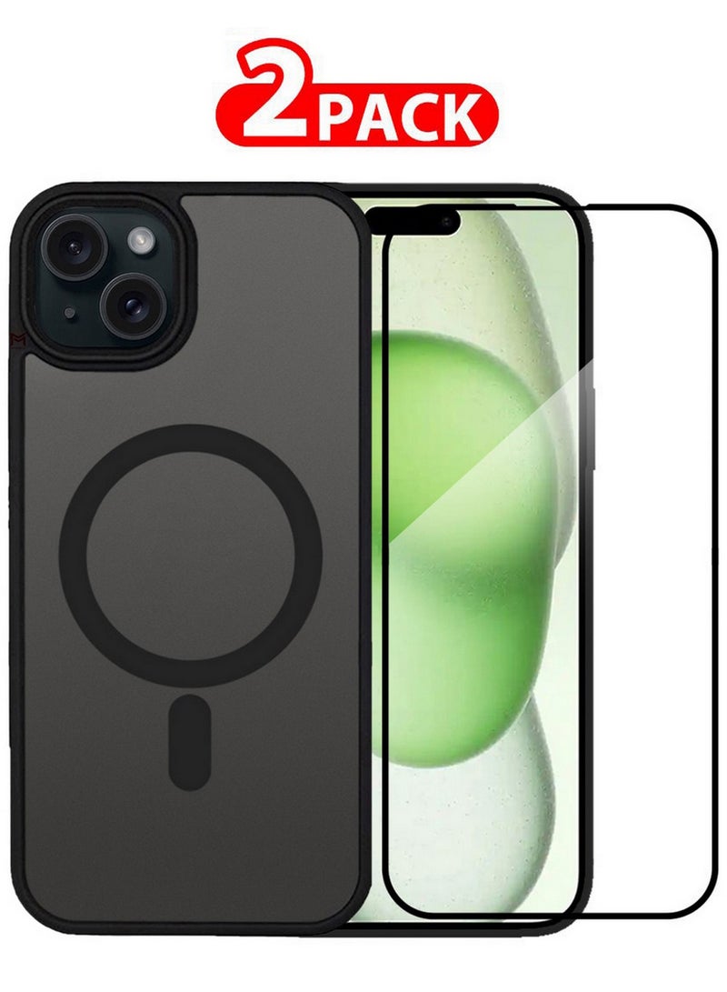 CATANES 2 Pieces Magnetic Slim Protective Case for iPhone 15 Plus - with Wireless Charging Support with 3D Screen Protector - Black - Image 1