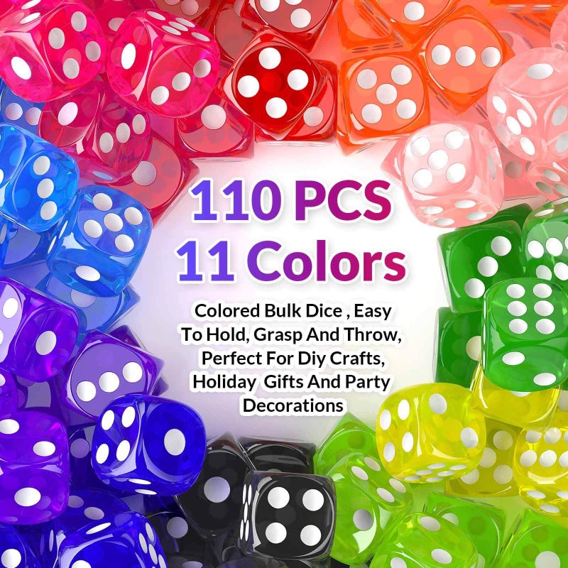 Rerdeim 110 Pieces Dice Set, Colored Game Bulk Dices, Colorful Dices, 6 Sided Dice for Classroom Teaching, Board Game, Playing, Rolling, Small Six Sided 11 Color Red, Yellow, Blue, Green and More - Image 2