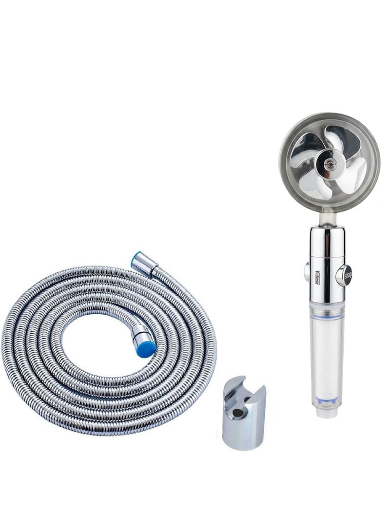 360 Rotated Shower Head Propeller Bathroom Turbo Boost Water Saving Spray Shower Head with Button Strong Big Water Flow (Silver) - Image 1