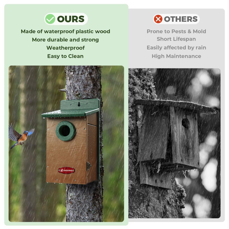 Kingsyard Recycled Plastic Bird House for Outdoor - Durable Nesting Box with Clear View Panel & Predator Guard for Bluebird Wren Swallow Finch, Green & Brown - Image 3